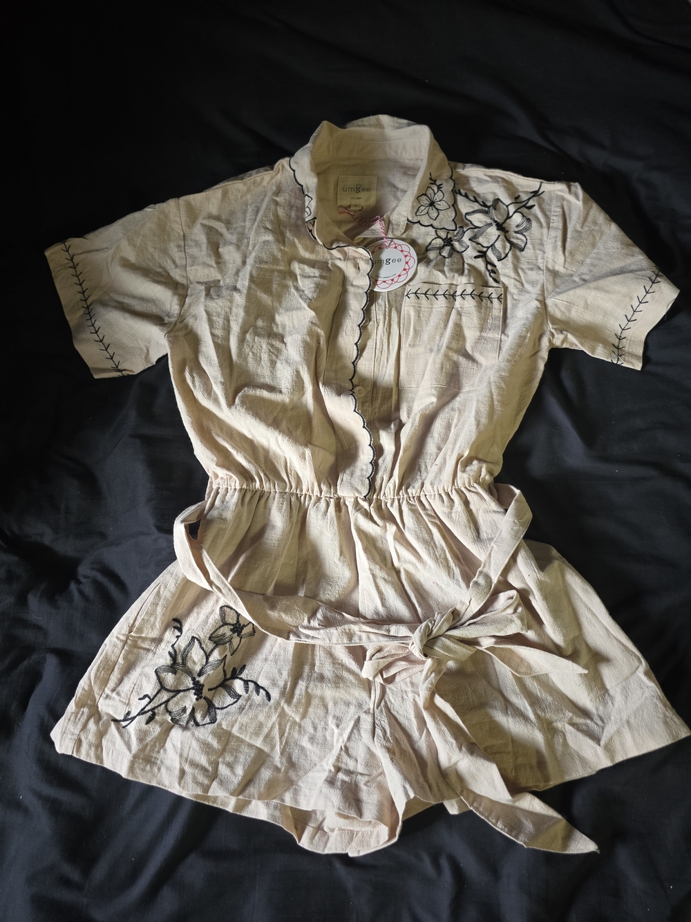 Umgee Cream Romper with Black Floral Embroidery